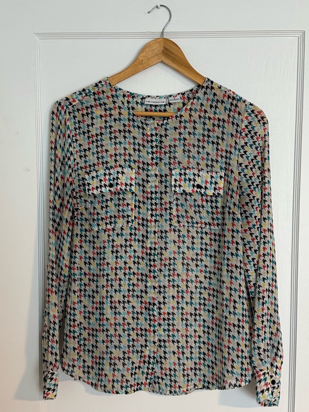 Liz Claiborne Multicolor Houndstooth Blouse - Teal, Red, Black, Cream